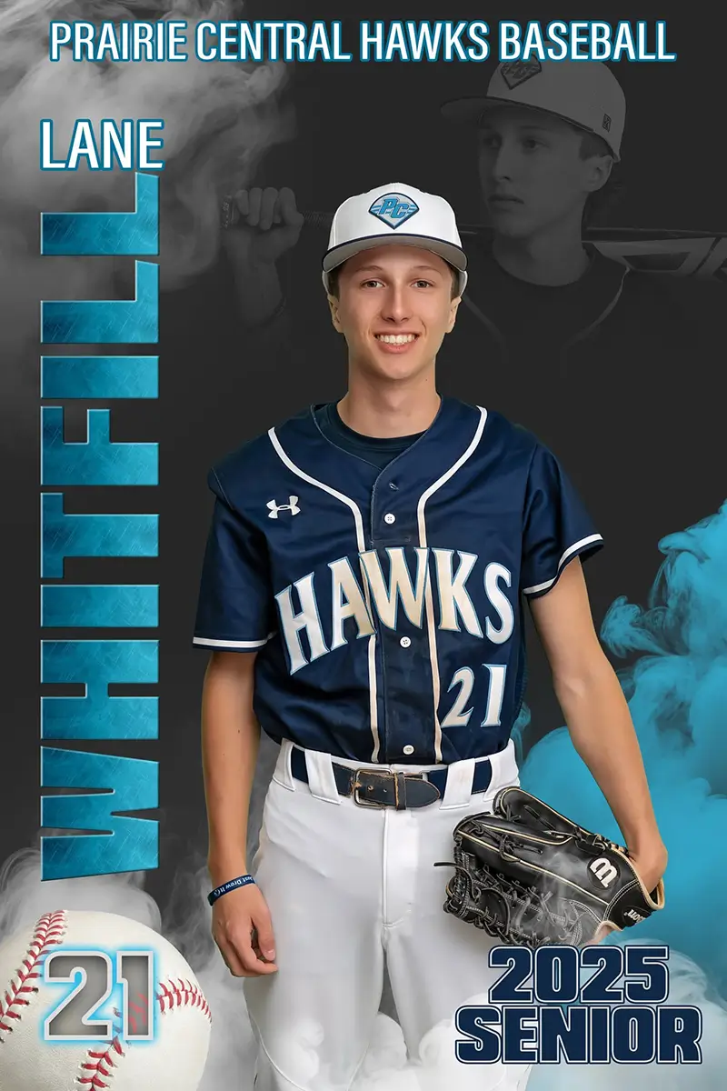 Custom baseball sports banner design — Prairie Central Hawks senior pitcher with glove and smoke effects