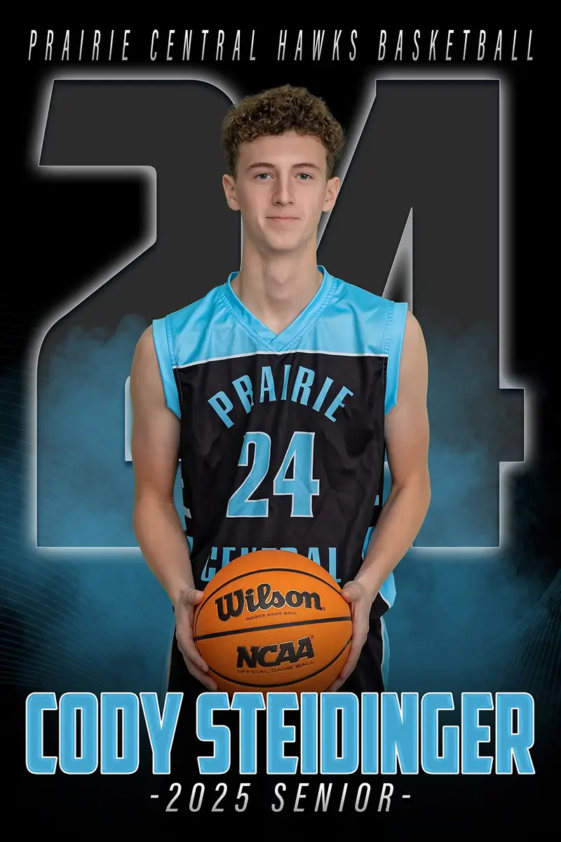 Custom basketball sports banner design — Prairie Central Hawks senior player with jersey number composite