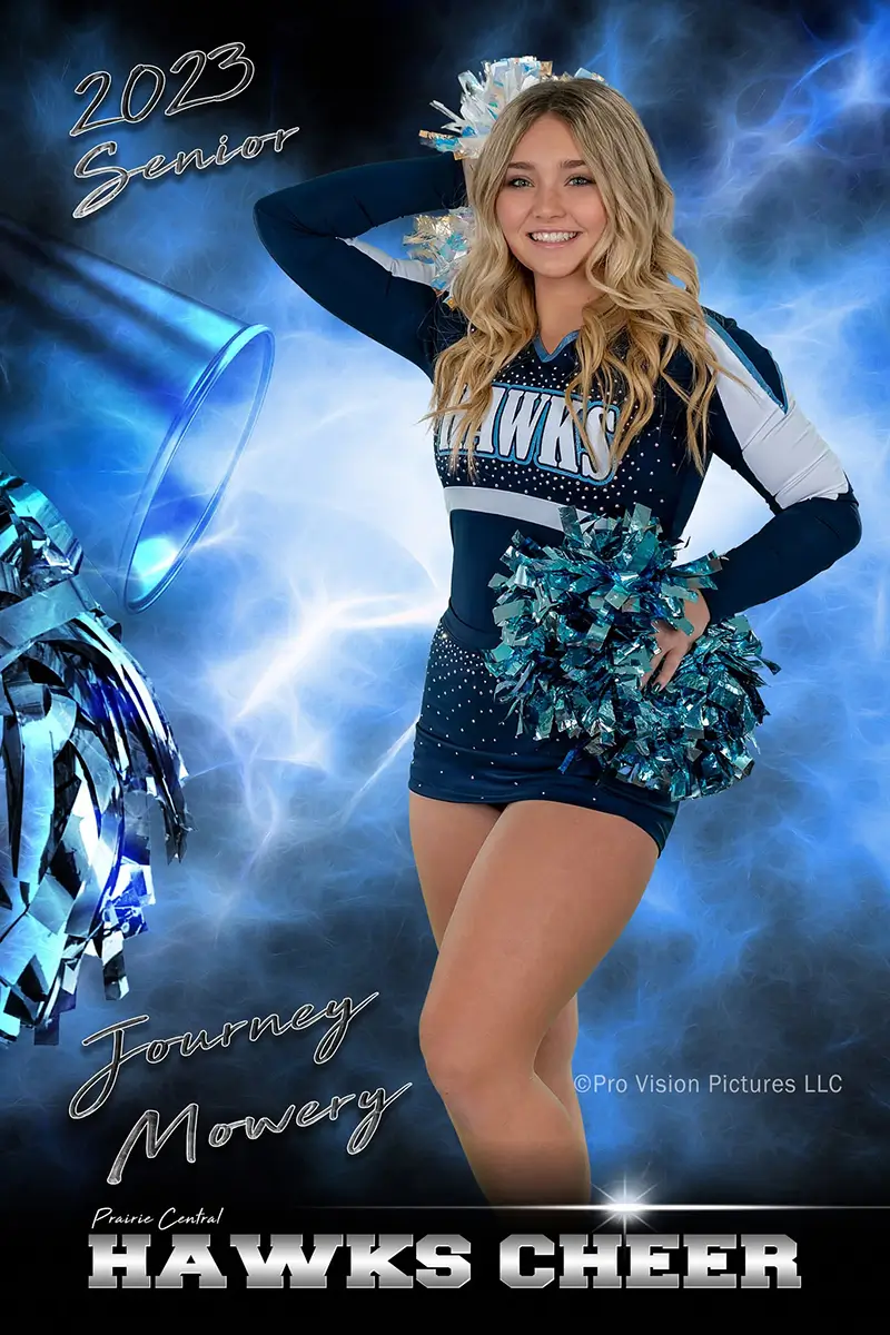 Custom cheerleading sports banner design — Prairie Central Hawks senior cheerleader with pom poms on electric blue background