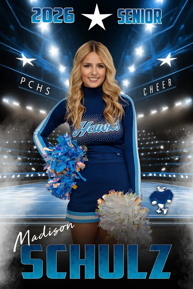 Custom cheerleading sports banner design — PCHS senior cheerleader with spotlight arena and mascot composite