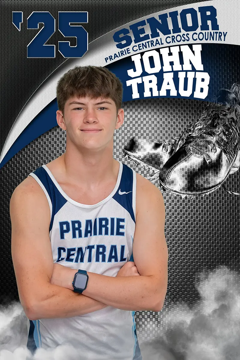 Custom cross country sports banner design — Prairie Central senior runner with chrome racing spikes composite