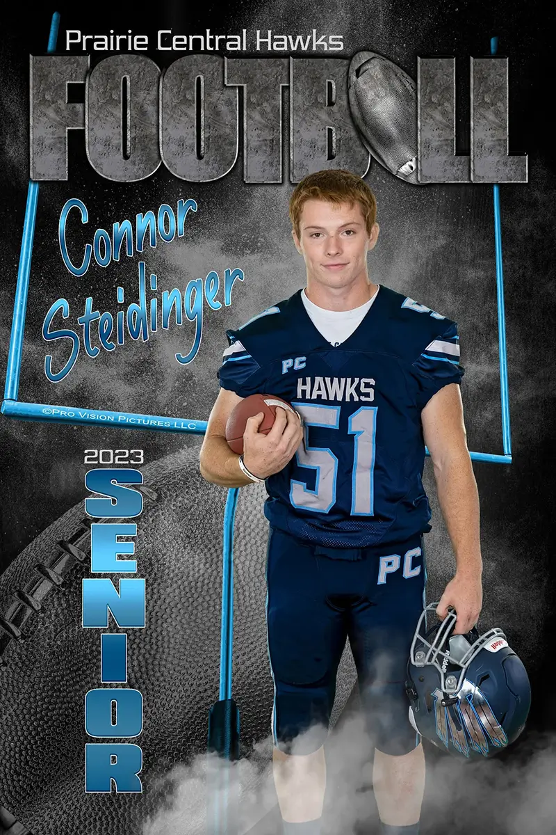 Custom football sports banner design — Prairie Central Hawks senior player with goal post and silver football composite