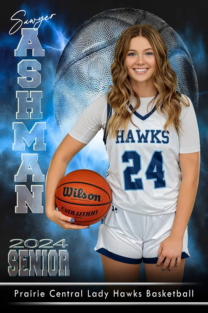 Custom basketball sports banner design — Prairie Central Lady Hawks senior player with chrome basketball composite