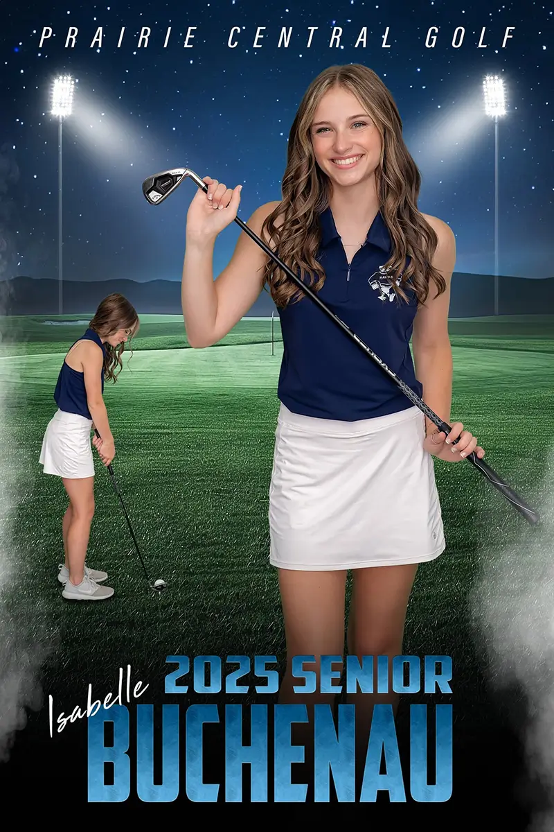 Custom golf sports banner design — Prairie Central senior golfer on night-lit course with stadium lights