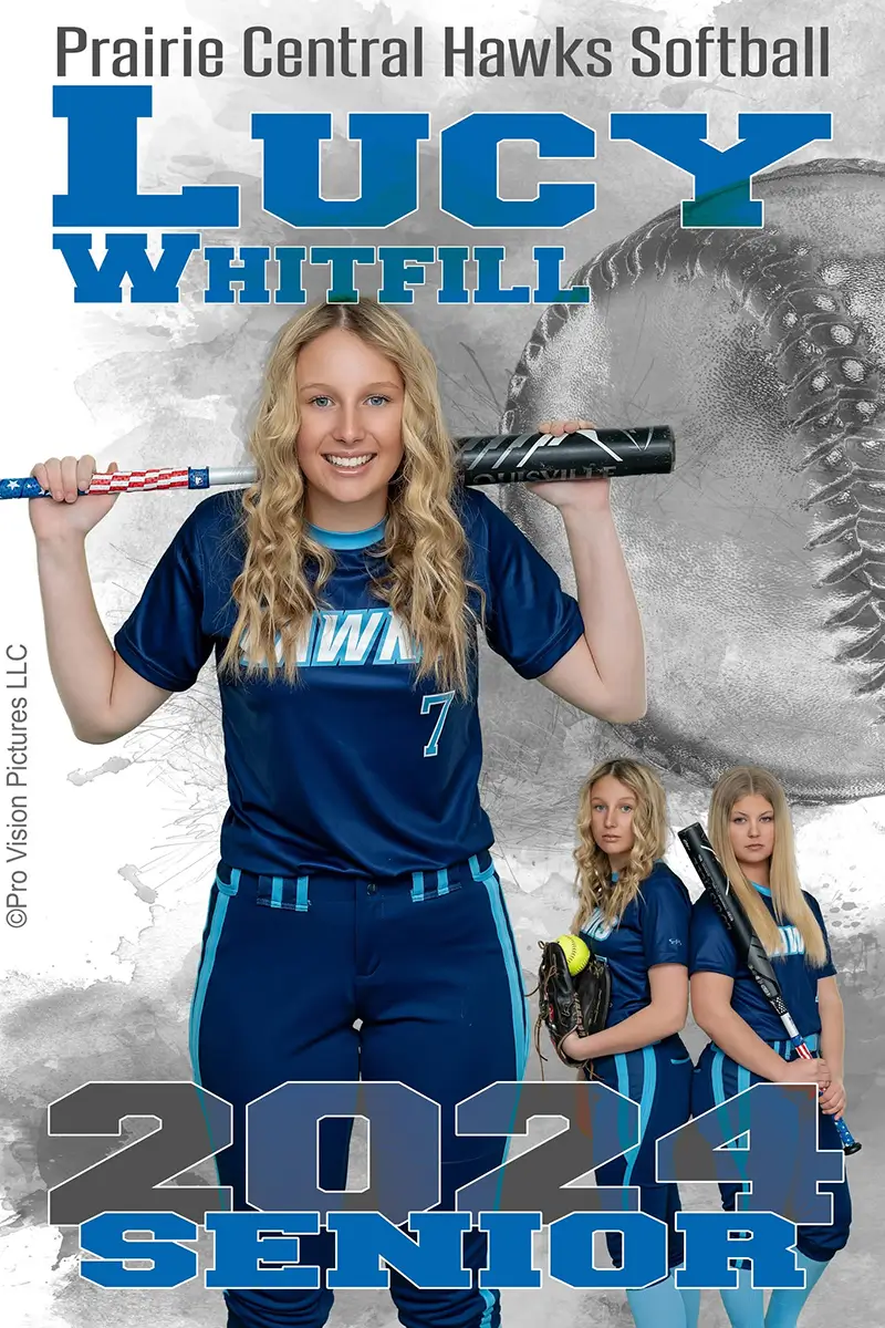 Custom softball sports banner design — Prairie Central Hawks senior with teammates and grayscale softball background