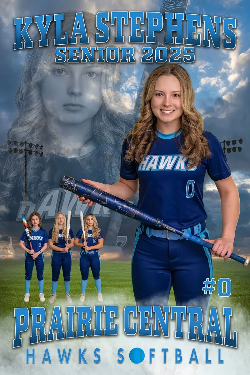 Custom softball sports banner design — Prairie Central Hawks senior with bat, dramatic sky, and teammates composite