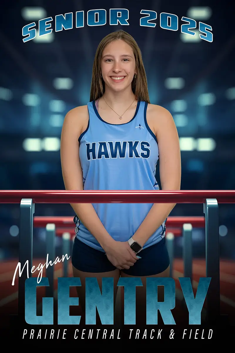 Custom track and field sports banner design — Prairie Central senior athlete with red hurdles arena background