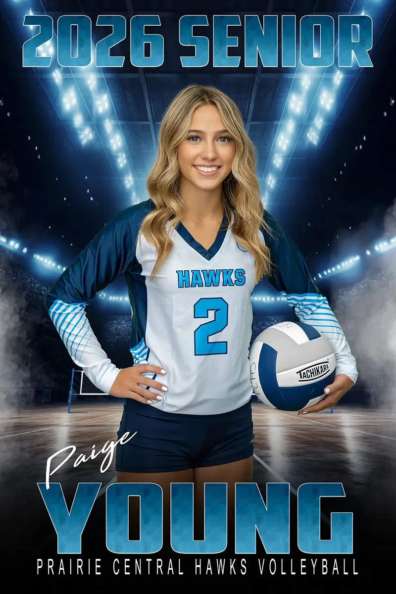 Custom volleyball sports banner design — Prairie Central Hawks senior player under arena lights