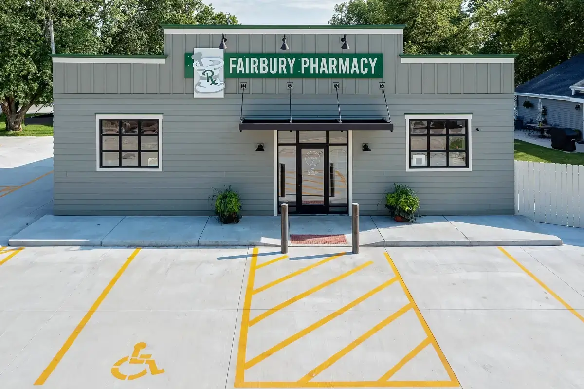 Commercial exterior photograph of the Fairbury Pharmacy storefront, Fairbury, Illinois